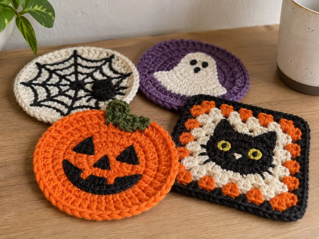 Four Halloween crochet coasters: a spiderweb, a ghost, a jack-o'-lantern, and a black cat square