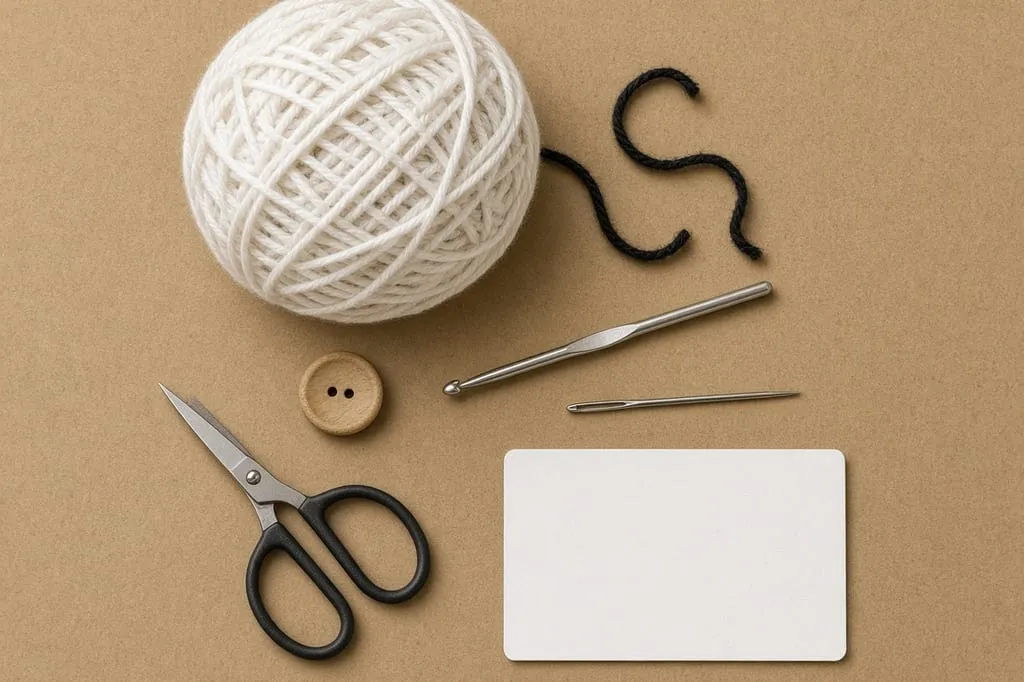 White yarn, black scrap yarn, a hook, a button, a needle, and a blank card