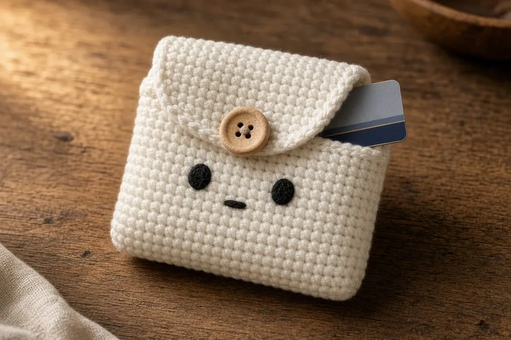A white crochet ghost mini wallet with a button flap and a card at the pocket