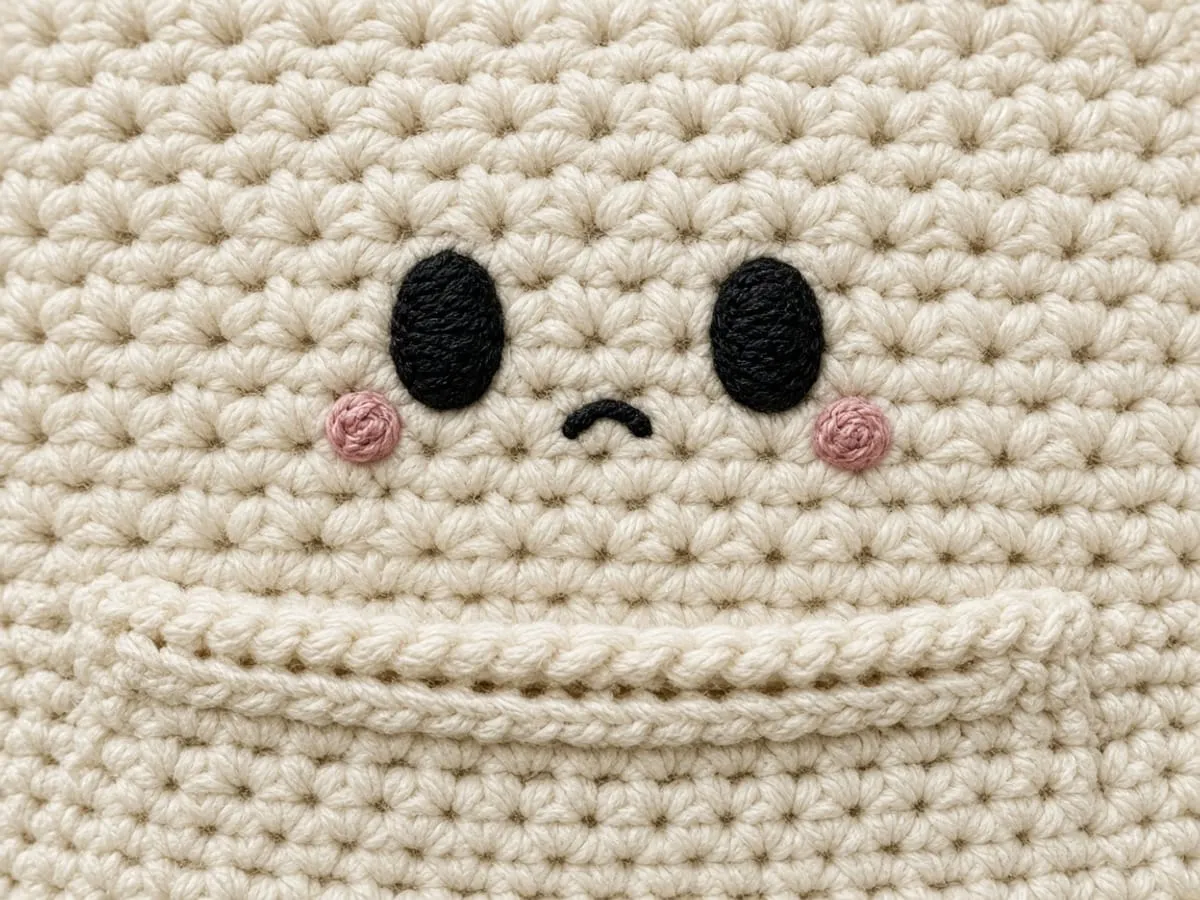 Black oval eyes, a small mouth, and pink cheeks on cream crochet, above the pocket opening