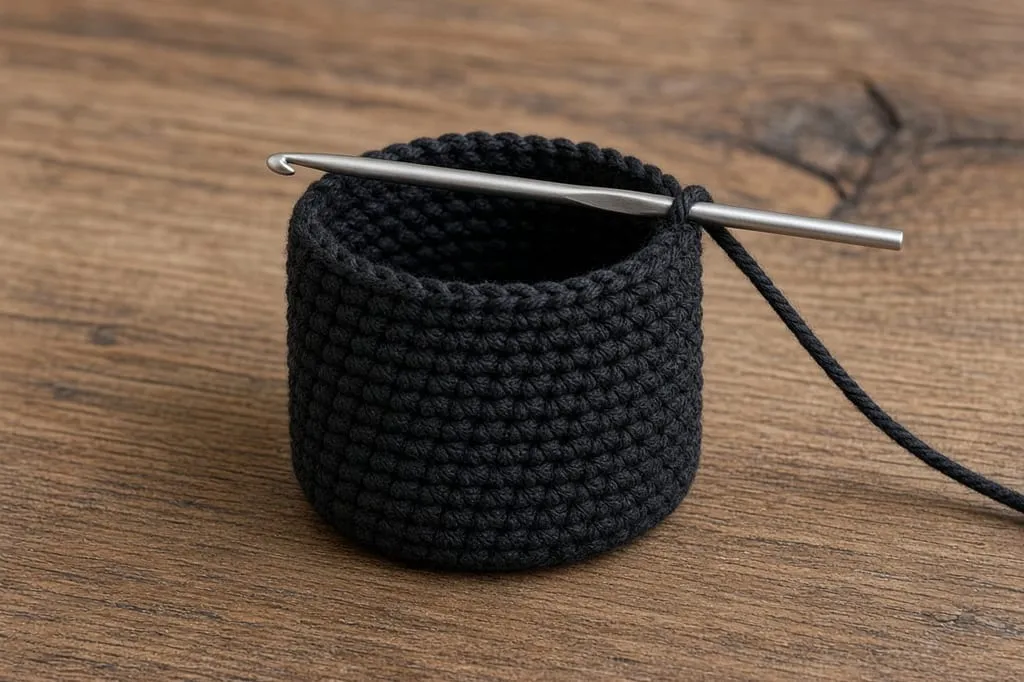 A short black crochet cylinder still on the hook
