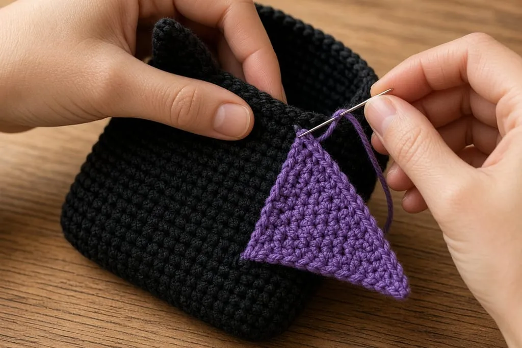 A purple wing being sewn to the side of the black pouch