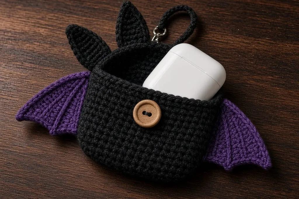A white earbud case sitting in the open bat pouch