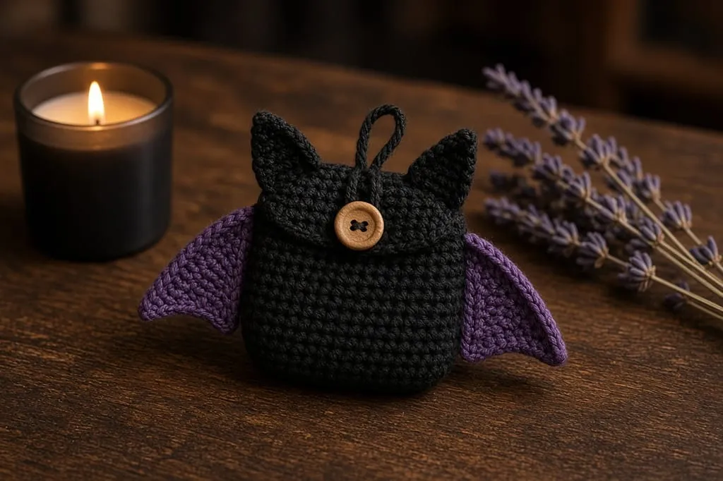 A small black crochet bat pouch with purple wings, ears, a wood button, and a yarn loop