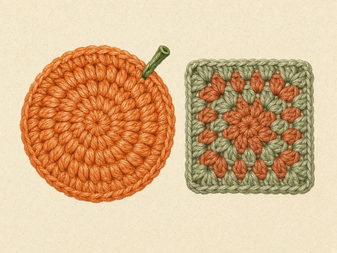 An orange circle coaster with a stem and a small granny square