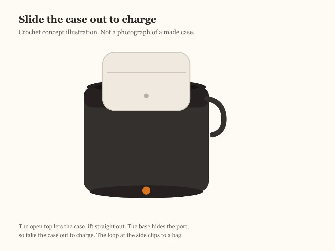 A black crochet AirPods case cozy with the plain charging case lifting out of the open top, showing the carrying loop and the covered port