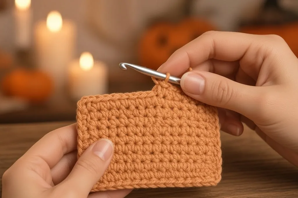 Hands crocheting a flat orange single-crochet rectangle that will become the card wallet body and flap