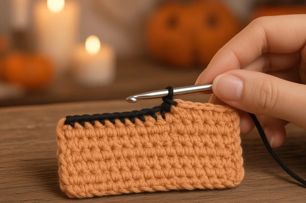 A crochet hook changing from pumpkin-orange yarn to black for a thin edge stripe on the wallet rectangle