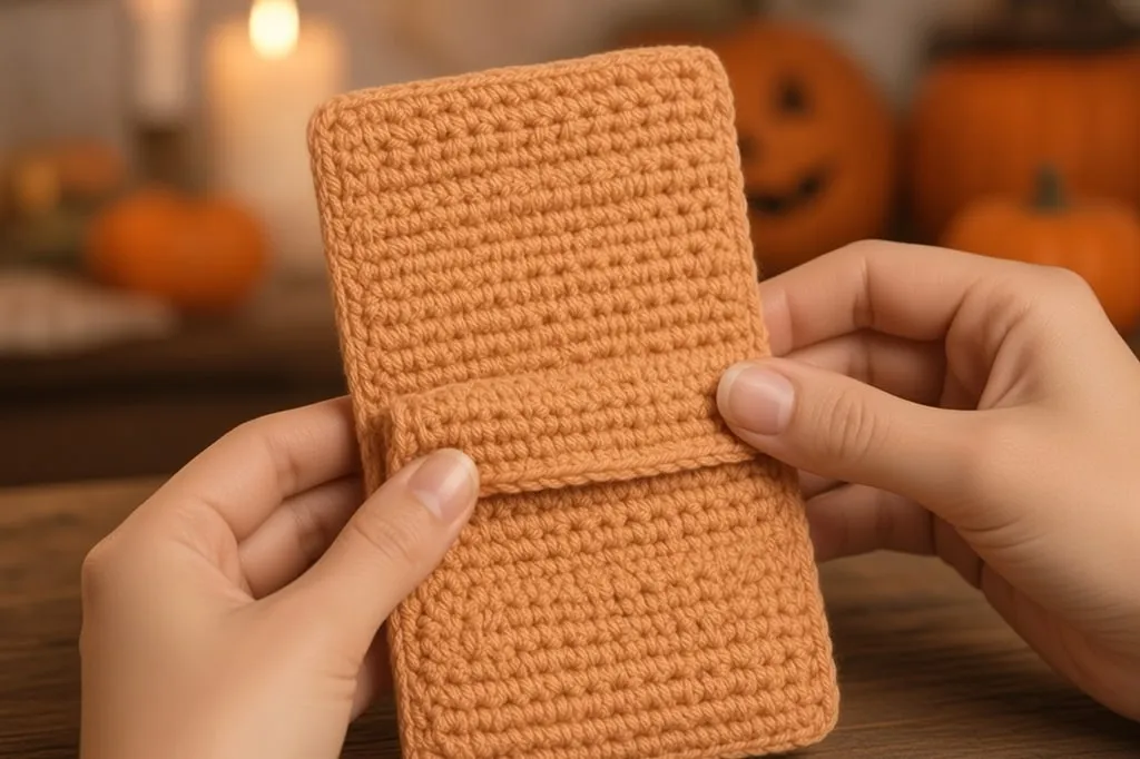 The orange wallet rectangle folded so the pocket sits at the bottom and a short flap extends above the opening