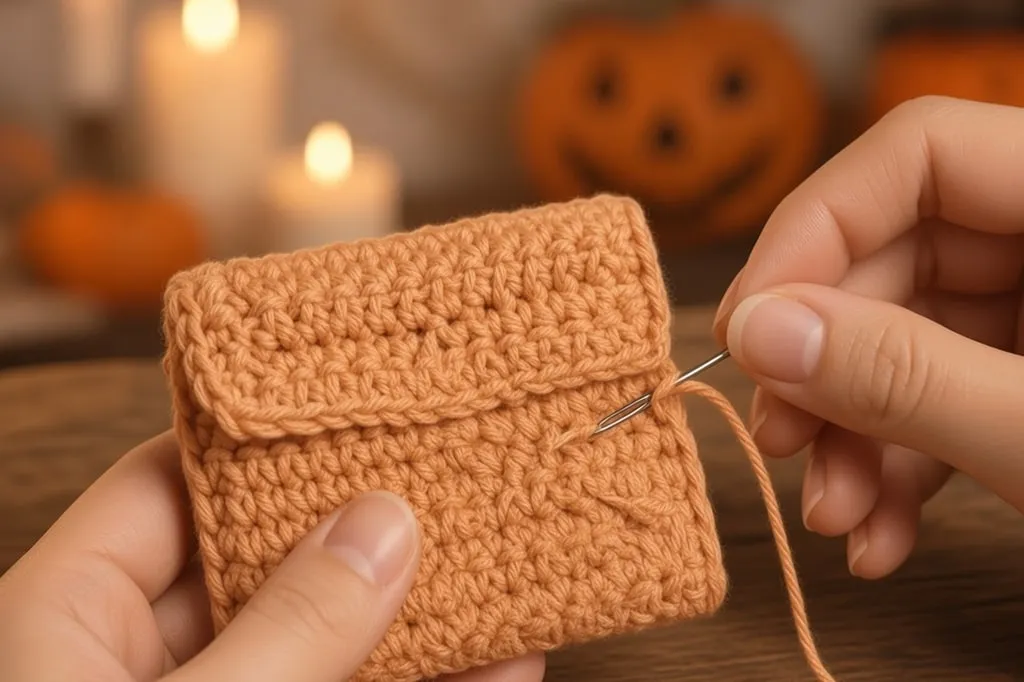 A tapestry needle whipstitching one side seam of the folded orange card wallet, stopping below the flap