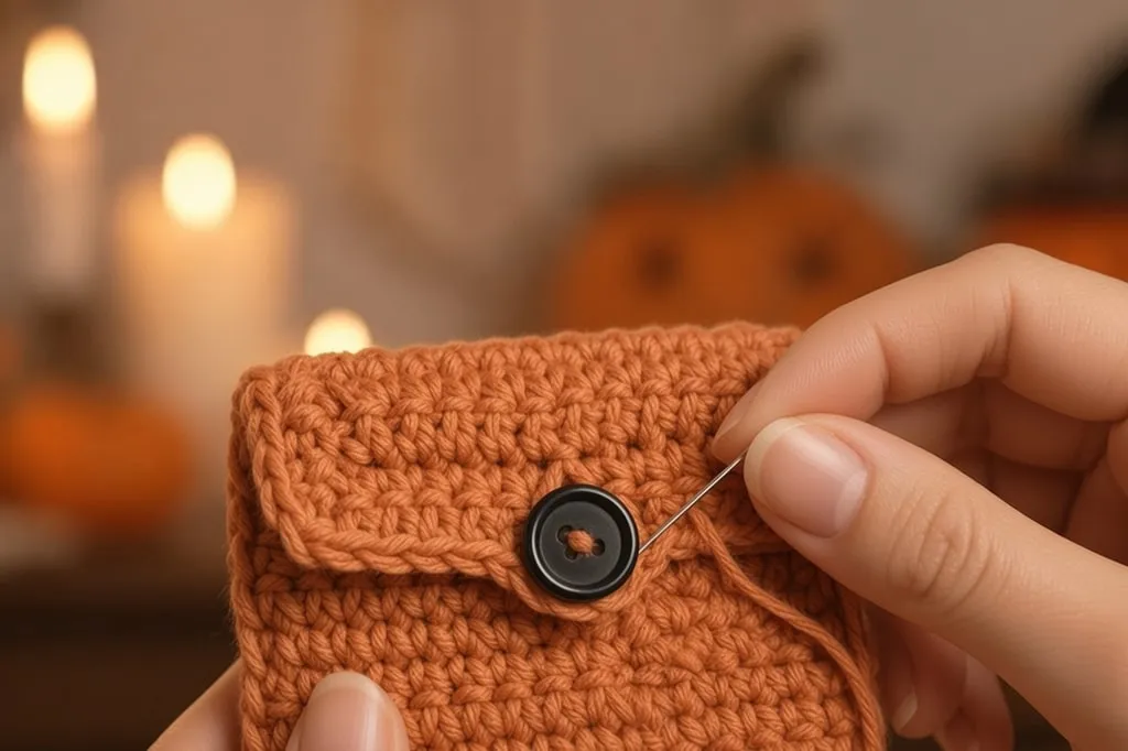 Hands sewing a glossy black button onto the flap of an orange crochet card wallet