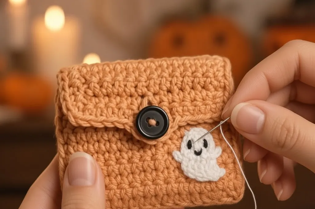 Hands sewing a tiny white crochet ghost with black eyes and smile onto the front of an orange card wallet