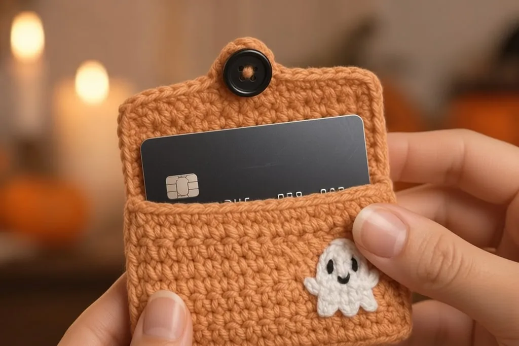 A plastic card sliding into the finished orange crochet wallet to test width and depth