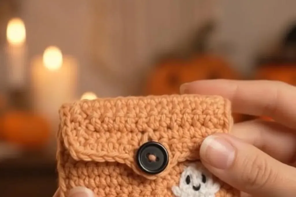 A close-up of a pumpkin-orange crochet card wallet with a black button closure and a small white ghost applique, held in front of warm Halloween candles and pumpkins