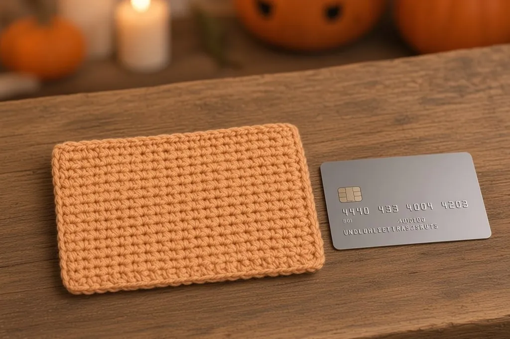 A flat orange crochet wallet rectangle beside a standard plastic card used as a size check