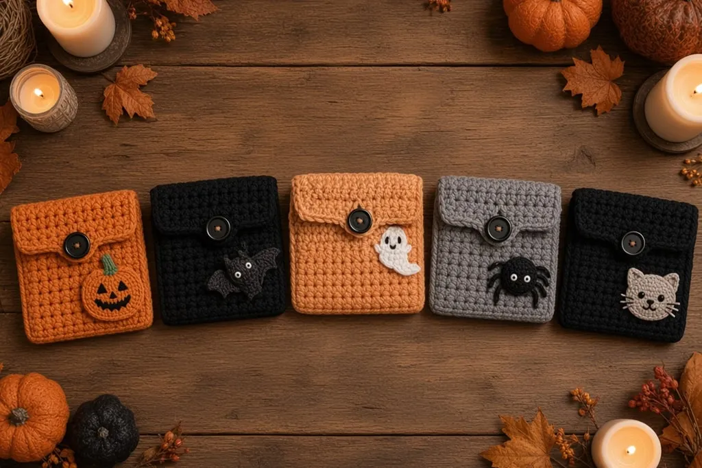 A set of Halloween crochet card wallets with ghost, pumpkin, bat, spider, and cat fronts laid out on a wooden table with pumpkins and candles