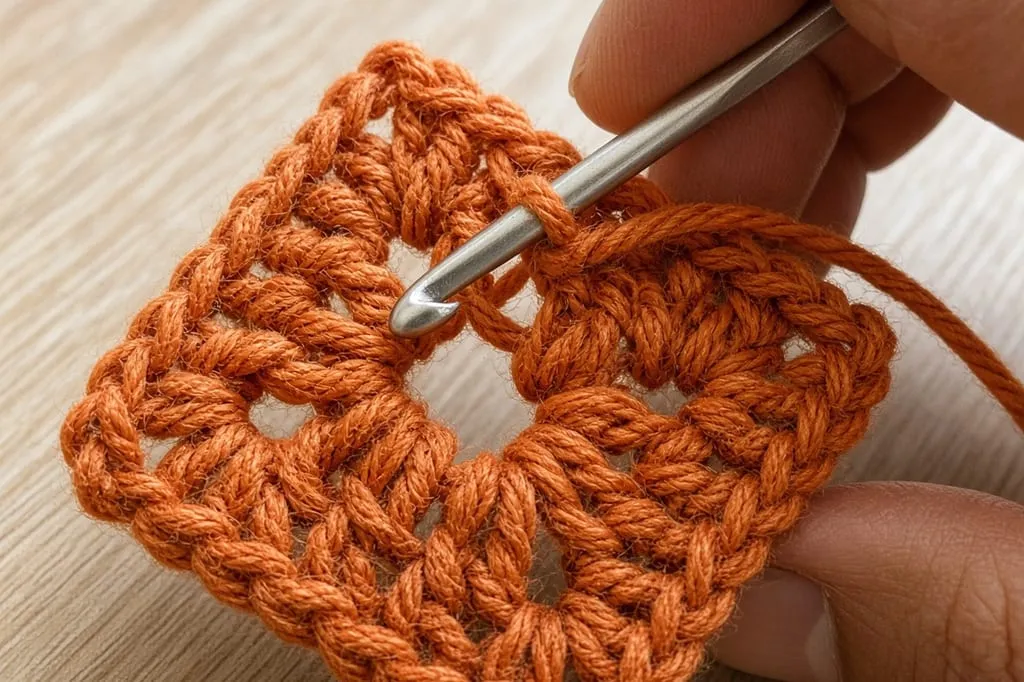 A hook working a cluster of three double crochets into the chain space of an orange granny square