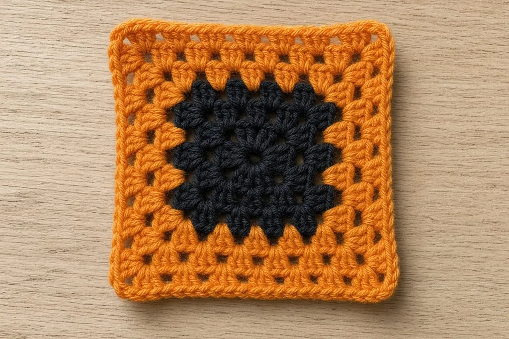 A granny square with a dark black center and bright pumpkin-orange outer rounds