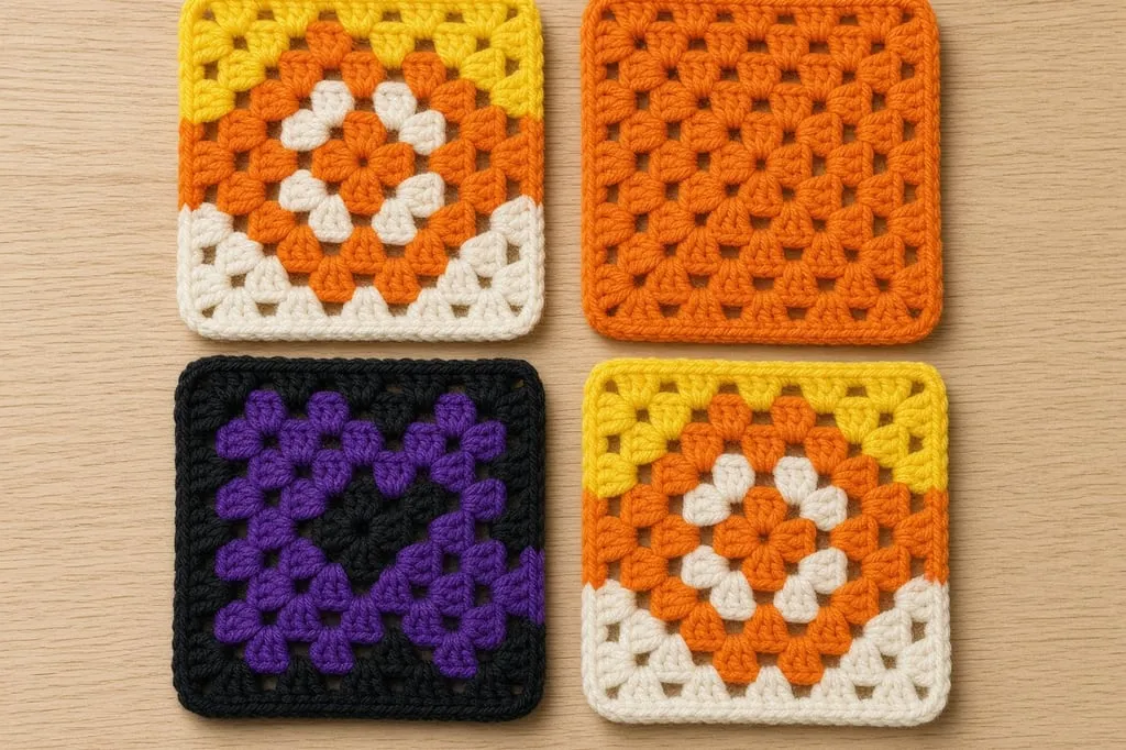 A set of finished Halloween granny squares in candy-corn, orange, and dark seasonal colors