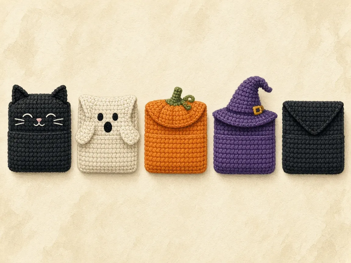 Five small Halloween crochet wallets in a row