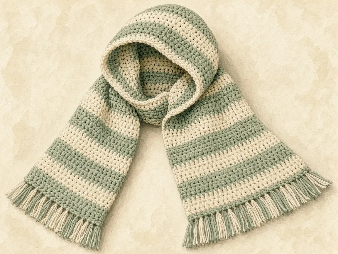 A crochet scarf with a hood at the center
