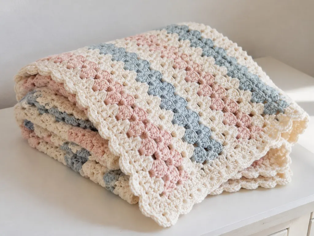 A folded cream, blush, and blue crochet blanket with a scalloped edge