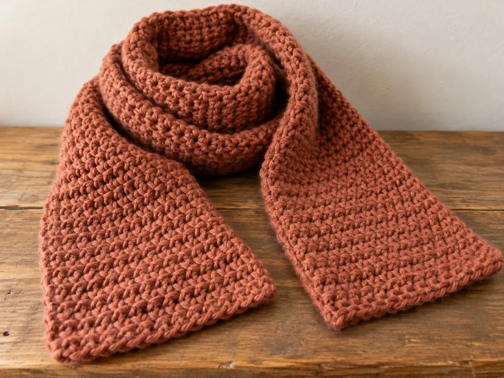 A rust crochet scarf coiled on a wood table
