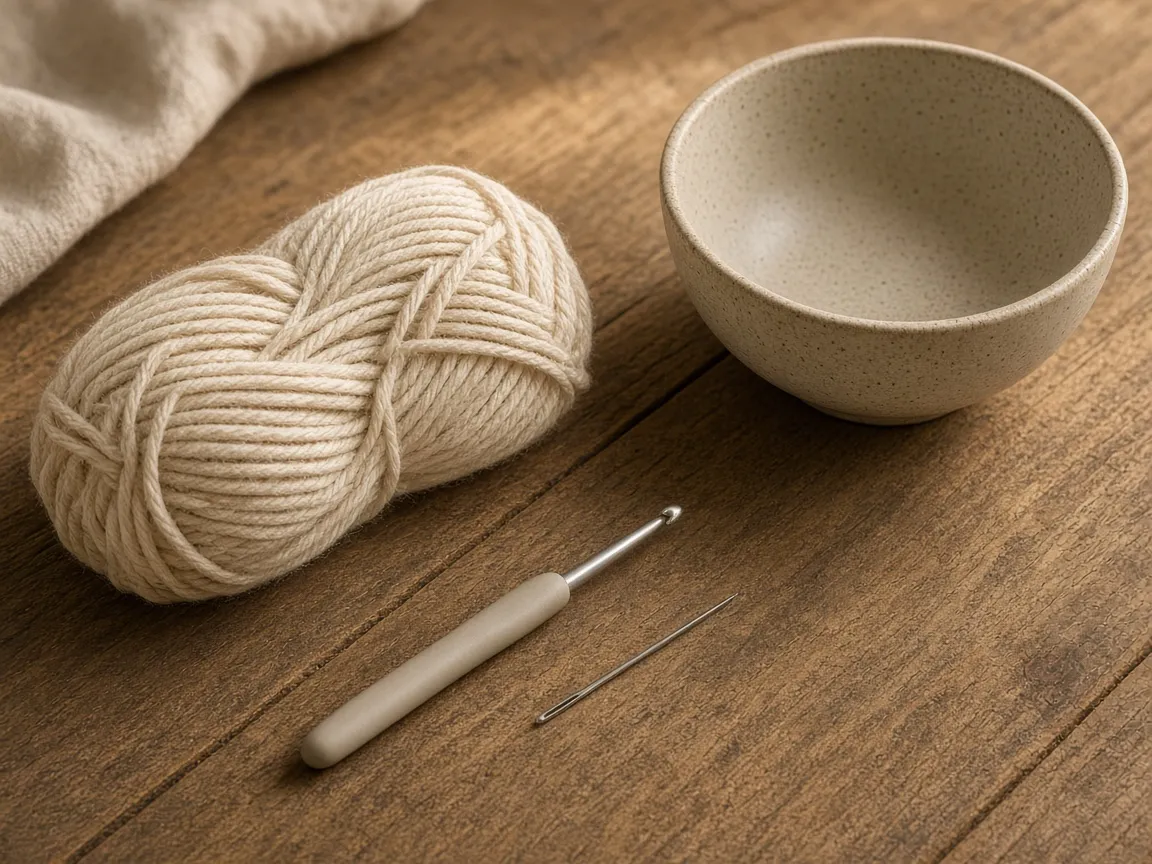 Cream cotton yarn, a hook, and a plain bowl