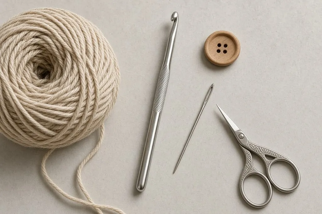 Oatmeal yarn, a hook, and a wood button