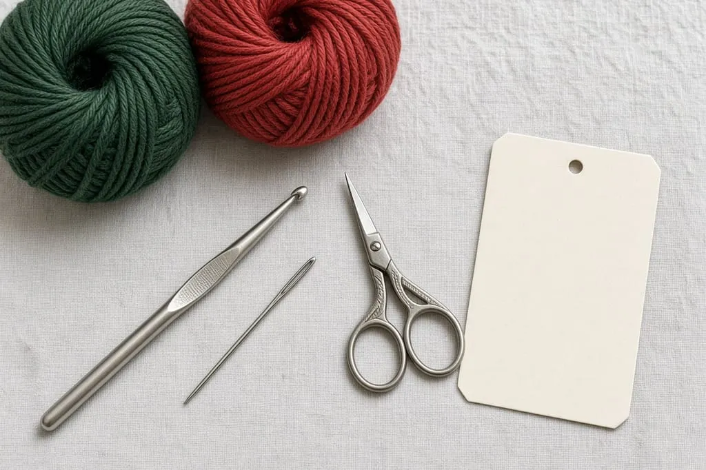 Green and red yarn, a hook, and a blank card