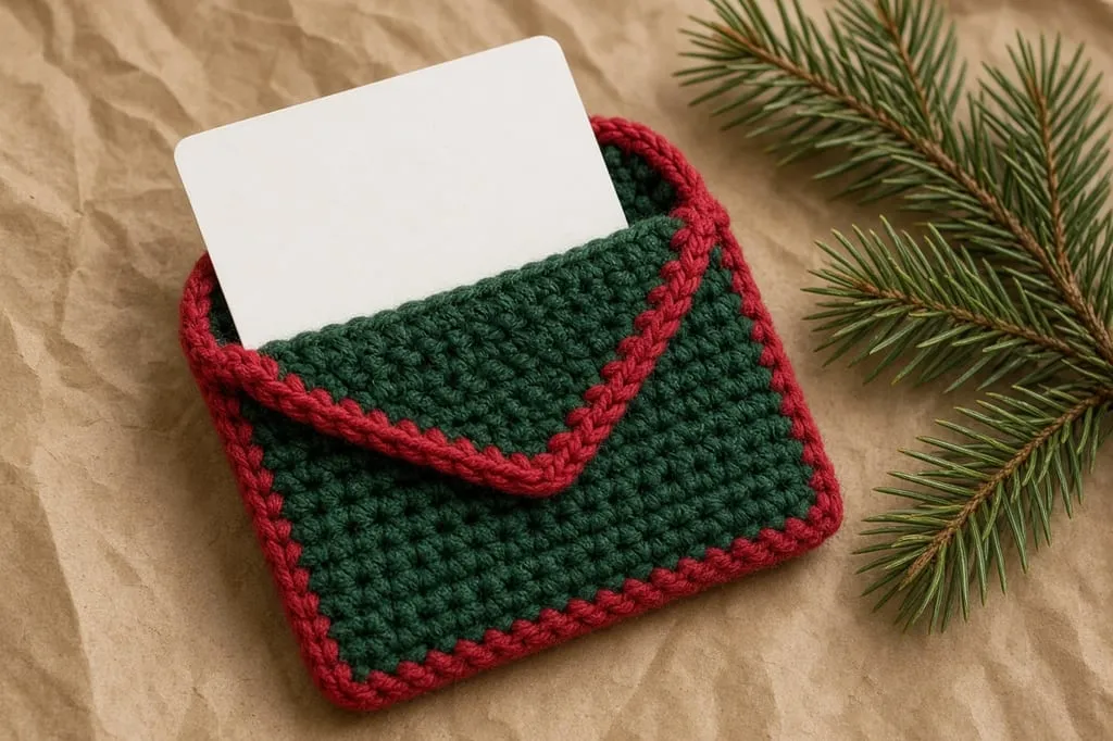 A green crochet pocket with a blank card and a pine sprig