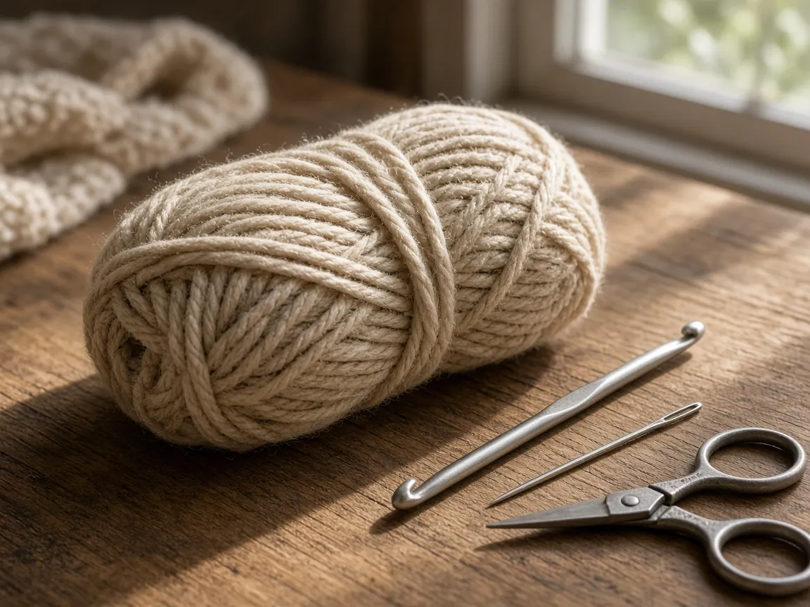 A skein of bulky oatmeal yarn and a large hook