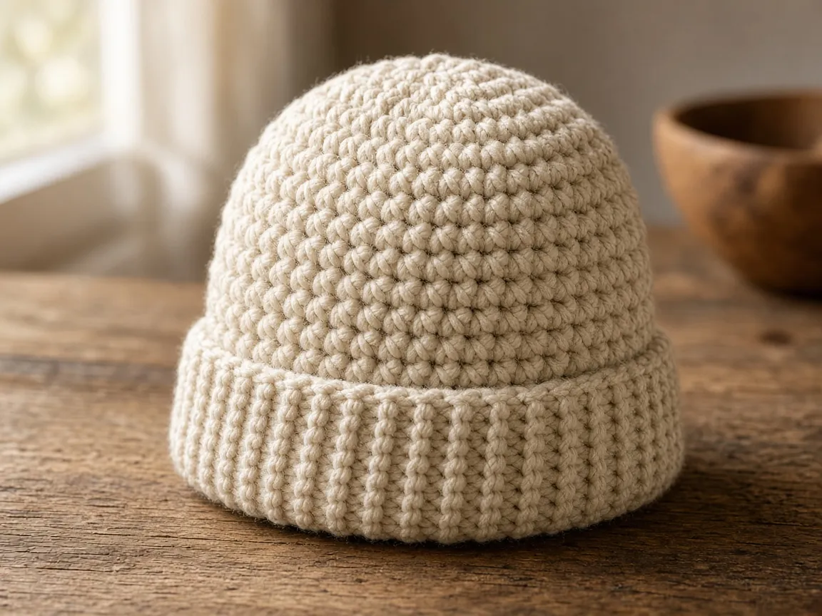 An oatmeal chunky crochet beanie with a folded brim