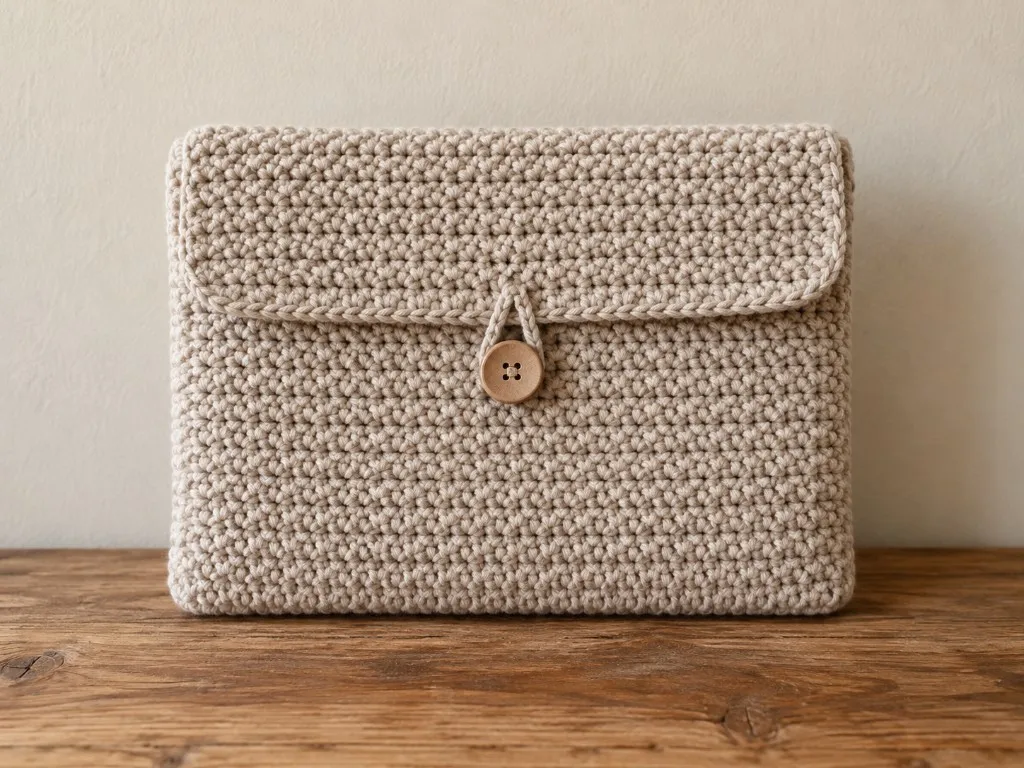 A beige crochet flap sleeve closed with a wood button