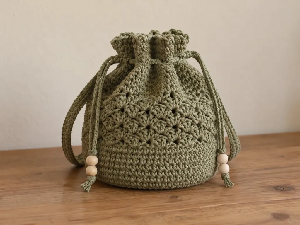 A sage crochet drawstring bag with wooden beads on the cords
