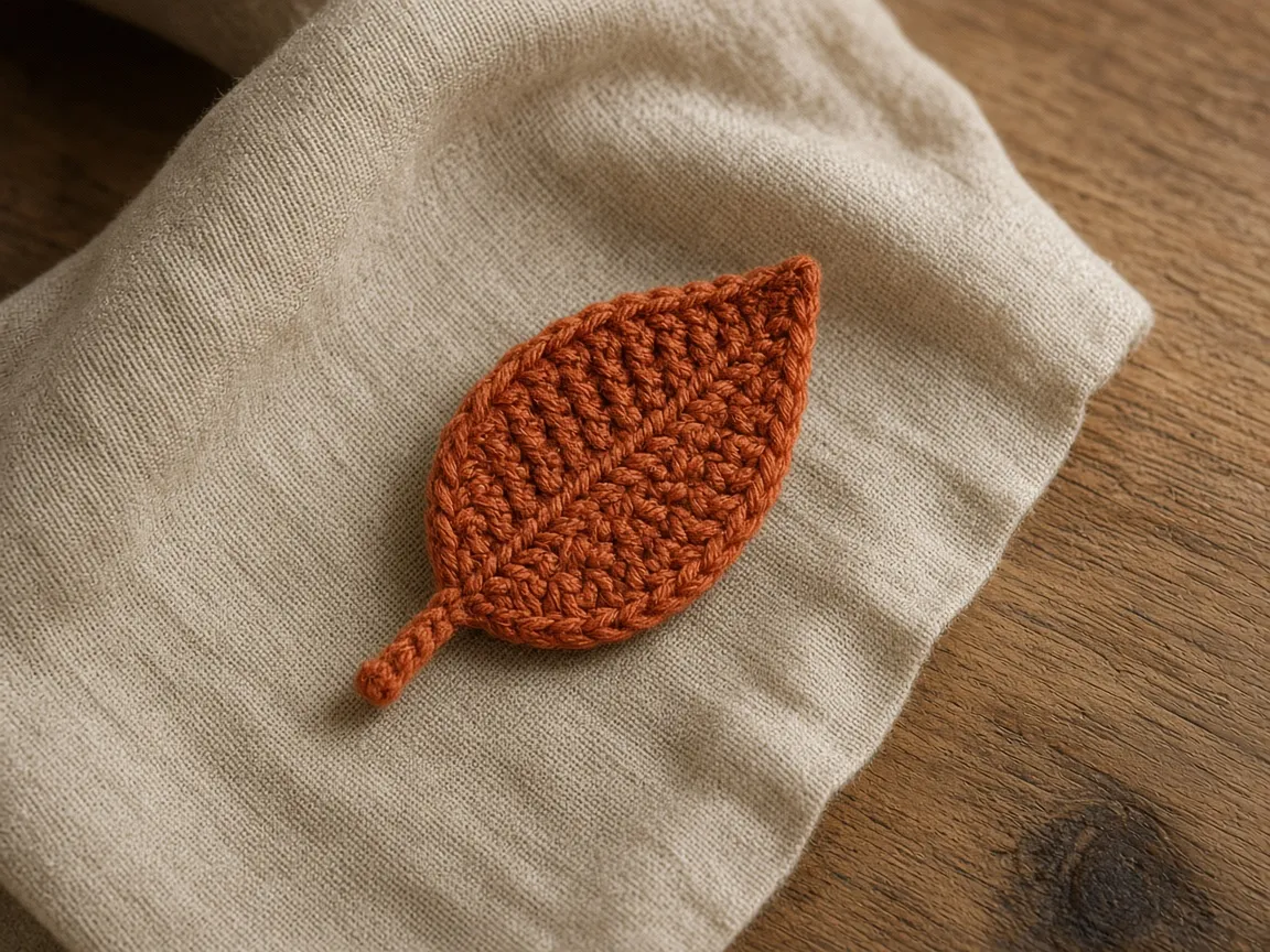 A small rust-orange crochet leaf on linen