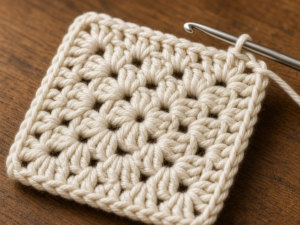 A finished granny square beside a hook