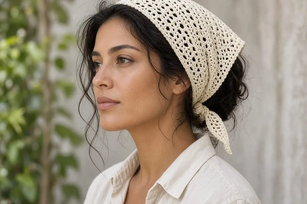 A cream crochet lace bandana worn tied at the nape