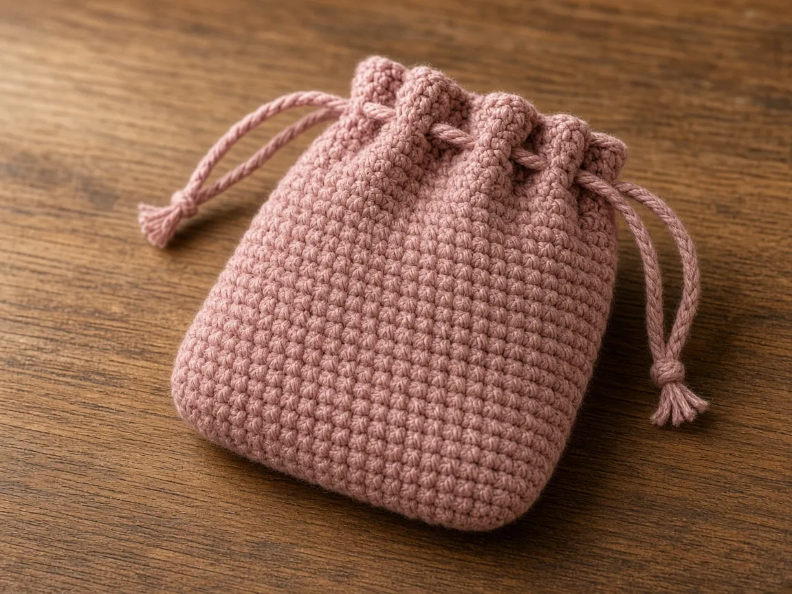 A chain woven through eyelets at the top of the pouch