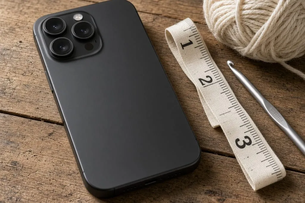 An iPhone 18 Pro Max beside a tape measure, yarn, and a hook
