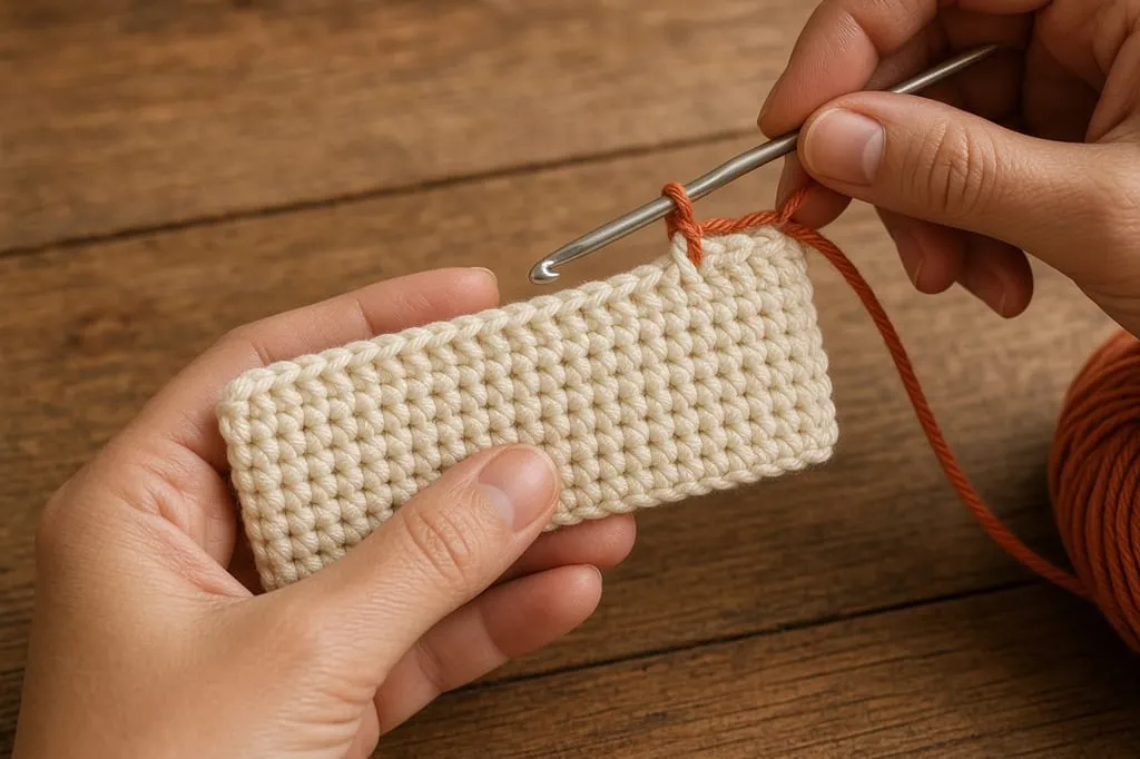 Joining terracotta yarn on the last loop of a cream stitch