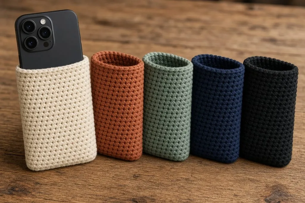 Five illustrated crochet phone sleeves in different colors