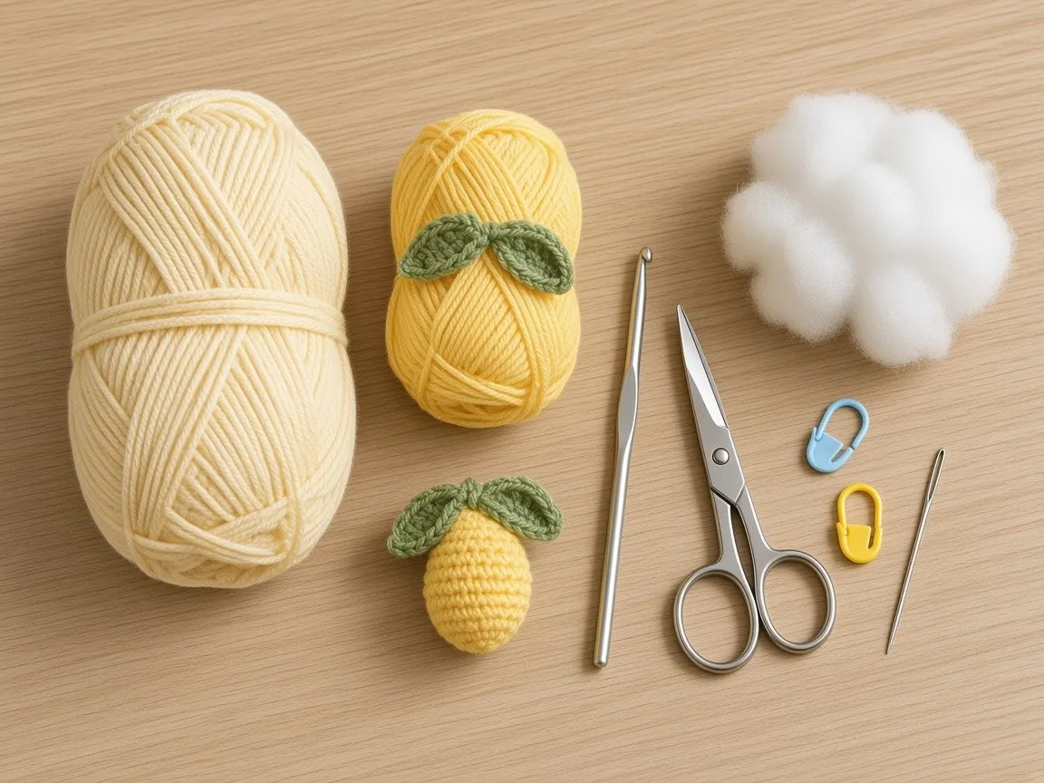 Pale yellow, lemon yellow, and sage-olive yarn with hook and tools