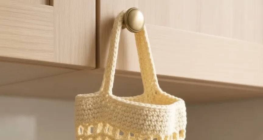 Dual pale yellow straps on a wooden cabinet knob, same finished holder