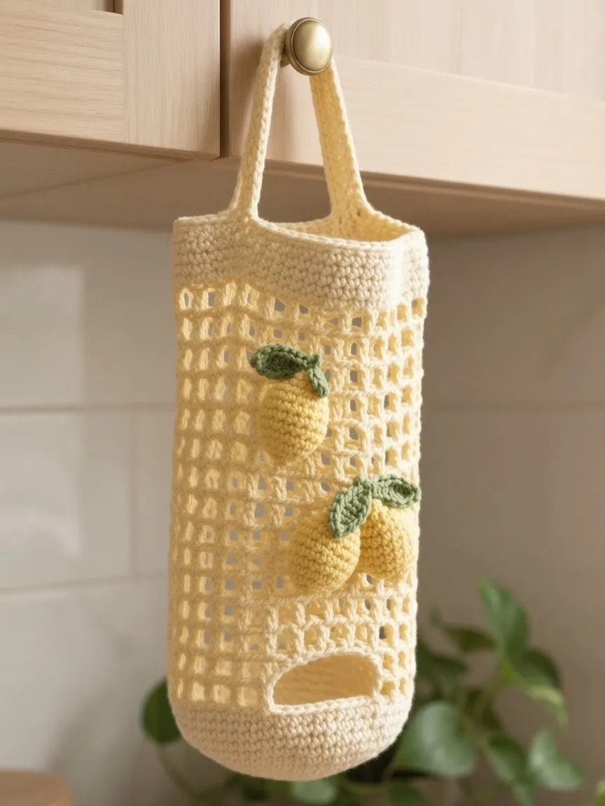 Pale buttercream yellow crochet mesh bag holder with dual straps on a wooden knob, front oval opening, and three 3D lemon appliqués with sage-olive leaves
