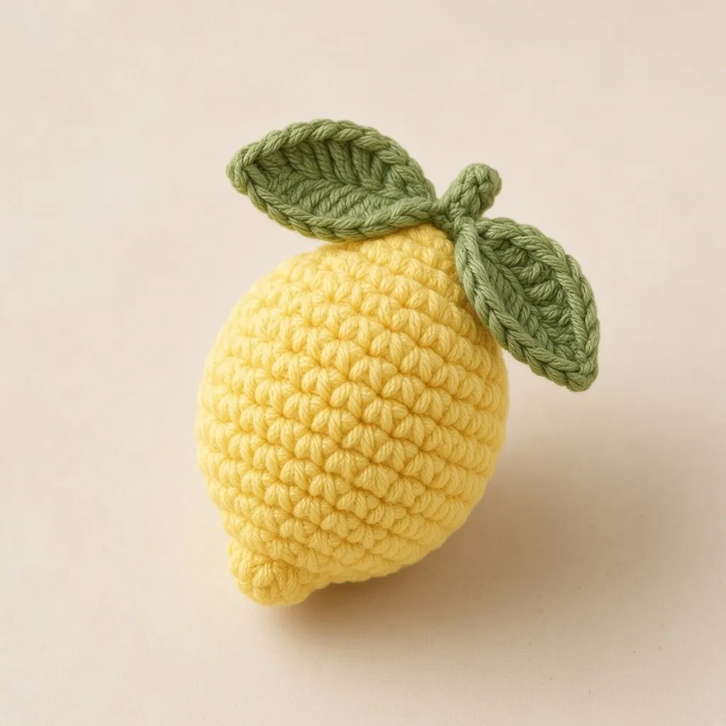 Close-up of one stuffed crochet lemon with sage-olive leaf