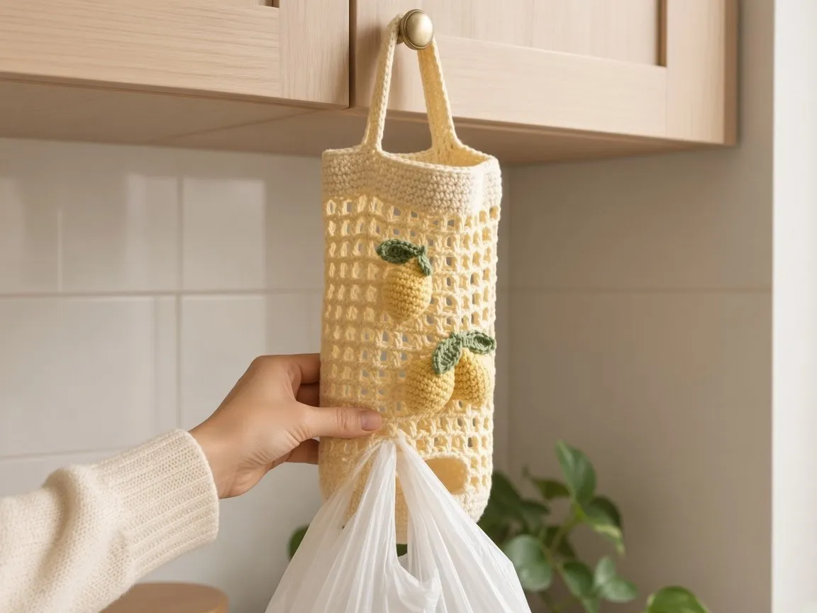 Illustration of a pale yellow crochet mesh bag holder with lemon appliqués and a front opening.