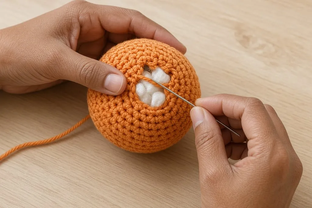 An orange crochet sphere being stuffed and closed with a yarn needle through the last stitches