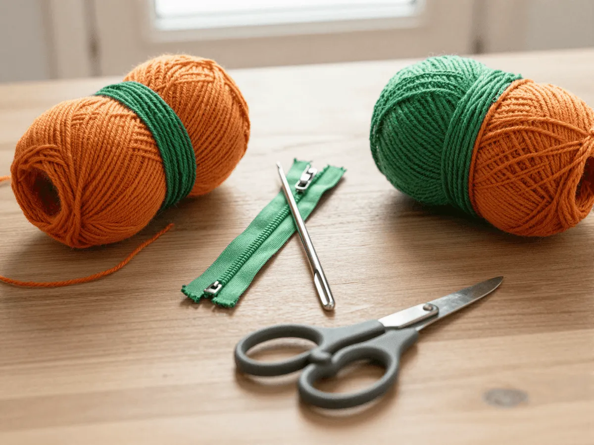 Orange yarn, green yarn, a hook, and a short zipper