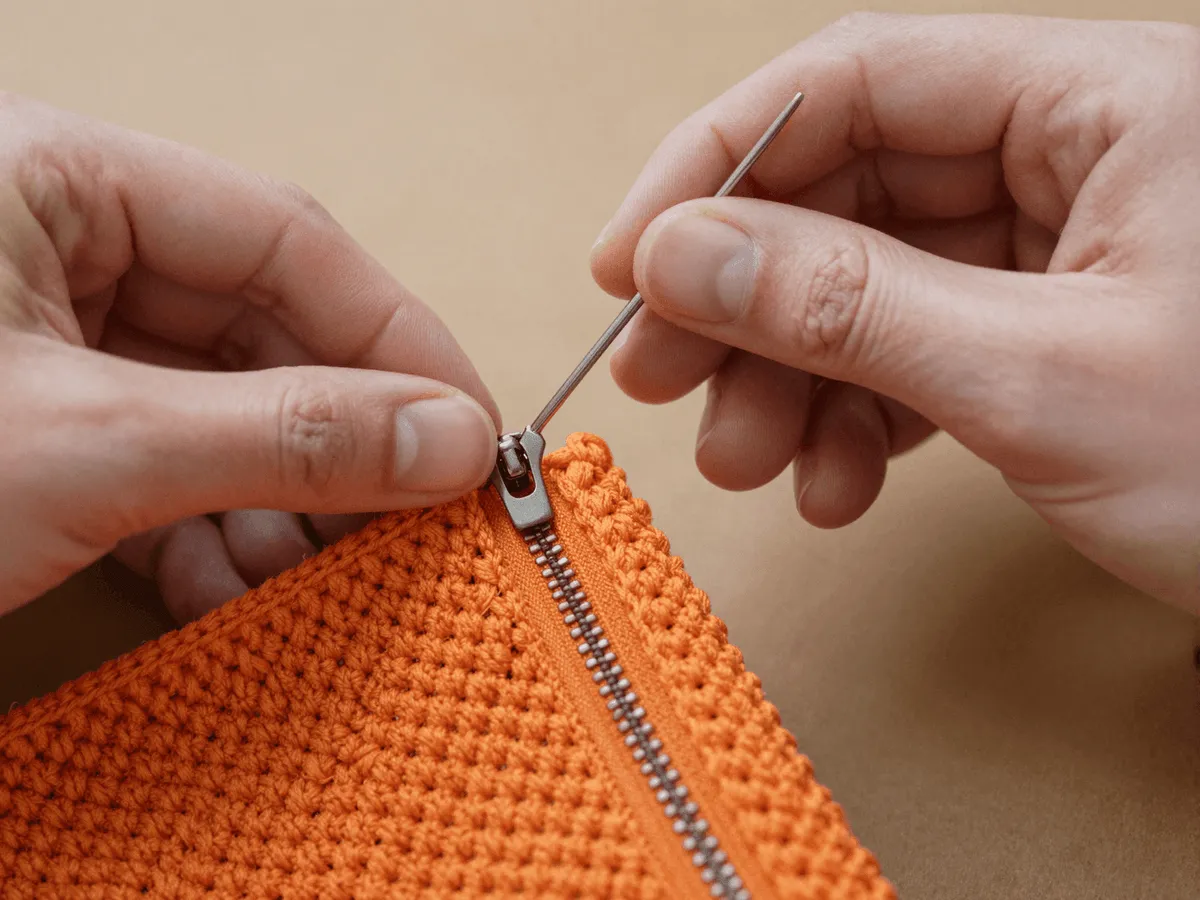 A zipper being sewn into the orange pouch